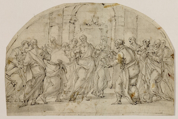 Zeichnung einer Gruppe von Menschen in einem schlichten Raum, einige schauen ängstlich nach oben und andere verwirrt nach unten.