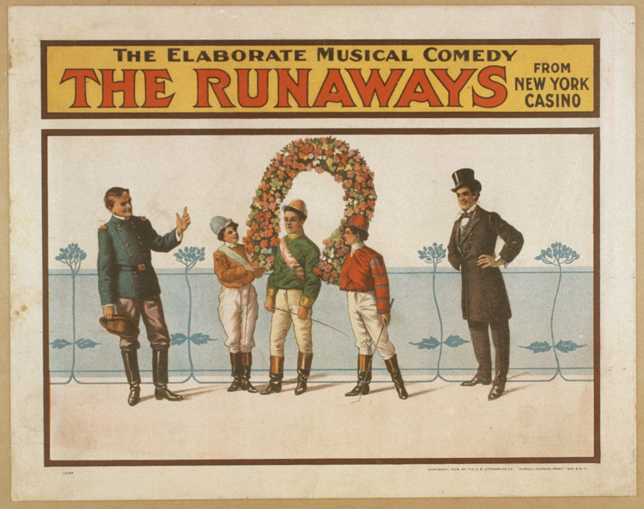 Plakat für die Musical-Comedy "Runaways" aus dem New Yorker Casino, das eine Gruppe von Menschen in einer Reihe zeigt, wobei einer einen Blumenstrauß hält, und Text, der die Show beschreibt.