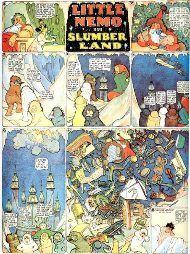 Ein farbenfrohes Poster-Collage mit Cartoons und Texten aus der Comic-Serie Little Nemo und Slumberland, mit munteren Charakteren in kräftigen, spielerischen Illustrationen.