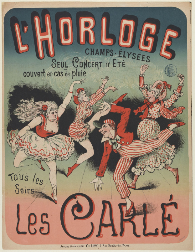 Ein farbenfrohes Konzertplakat für ein Event im Chorlage in Paris, Frankreich, mit einer Gruppe von Menschen in bunten Kostümen, die fröhlich tanzen, umgeben von auffälligem Text auf einem hellgelben Hintergrund.