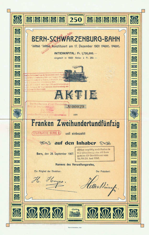 Altes deutsches Regierungsaktienzertifikat für Bern-Schwarzenburg-Bahn mit einer Zugillustration und gedrucktem Text.