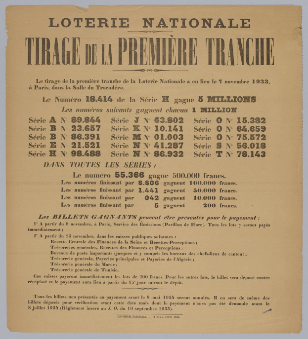 Lotterielos mit dem Text "Loterie Nationale Tirage de la Première Tranche".
