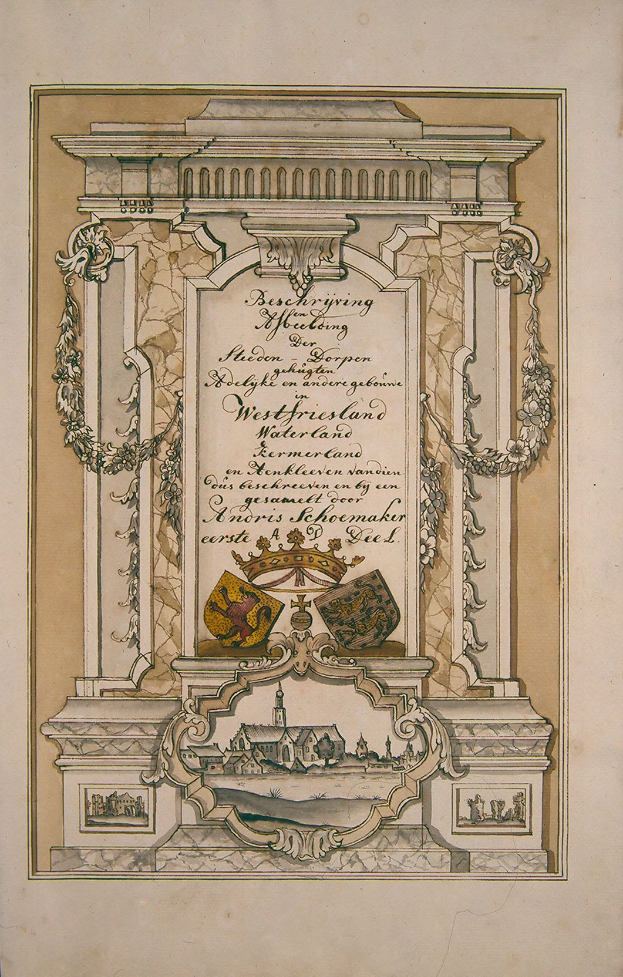 Altes Buch mit detaillierter Zeichnung eines klassisch anmutenden Gebäudes mit verzierten Entwürfen und Text auf dem Cover.