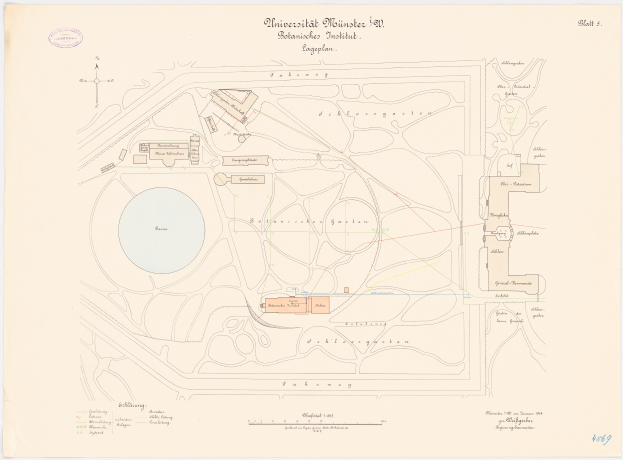 Ein detaillierter Stadtplan von Berlin, Deutschland, mit der Universität Münster prominent in der Mitte, der Gebäude, Straßen und andere Merkmale zeigt, zusammen mit Text, der Informationen über die Größe, den Standort und die Annehmlichkeiten der Universität bietet.