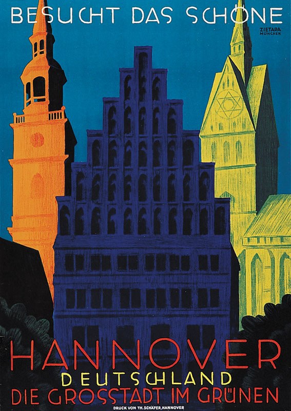 Plakat, das Hannover, Deutschland, mit Gebäuden und Bäumen zeigt und Text über die Stadt enthält.