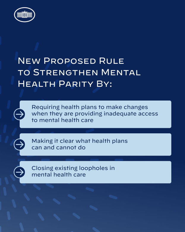 Ein blauer Hintergrund mit weißer Schrift und ein weißes Kreis-Logo mit einer blauen Umrandung, das eine neue Regelung zur Stärkung der psychischen Gesundheit umreißt.