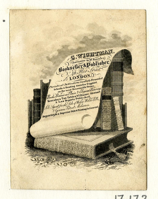 Altes Buch mit einer Rolle oben drauf, umgeben von Büchern und einem Textdokument, mit 'Buchhändler' Text unten.