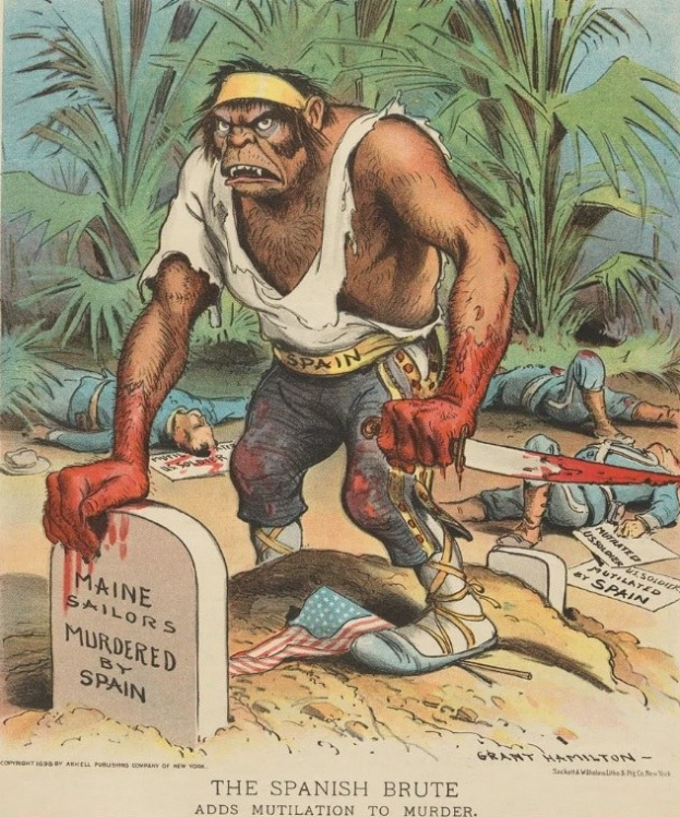 Cartoon mit einem Mann mit einem Messer in der Hand vor einem Grab mit Text darauf, umgeben von liegenden Menschen und Bäumen, mit der Unterschrift "Der spanische Barbar fügt Verstümmelung dem Mord hinzu" unten.