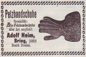 Alte deutsche Visitenkarte mit einer Illustration von einem Paar Handschuhe und bedrucktem Text, der den Inhalt beschreibt.