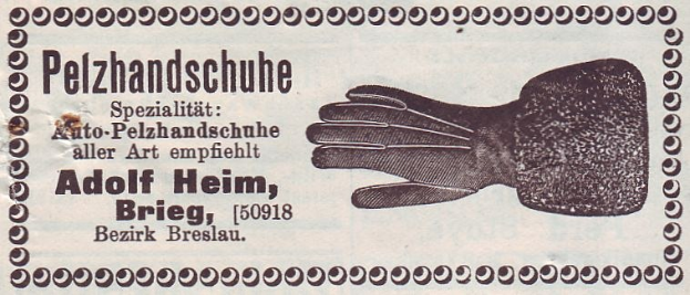 Alte deutsche Visitenkarte mit einer Illustration von einem Paar Handschuhe und bedrucktem Text, der den Inhalt beschreibt.