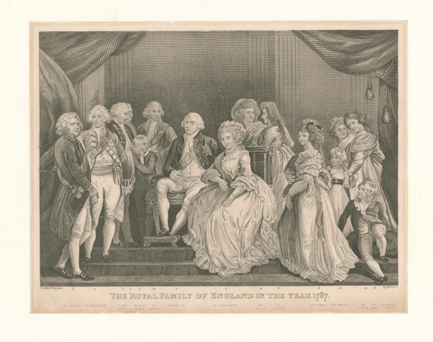 Eine Gruppenporträt der englischen Königsfamilie im Jahr 1787, sitzend und stehend auf einer Treppe mit Vorhängen im Hintergrund und Text unten.
