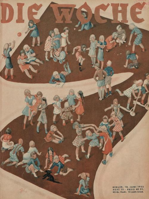 Deutsches Magazin-Cover aus Juni 1933 betitelt 'Die Woche', das Kinder beim Spielen in einem Kreis zeigt