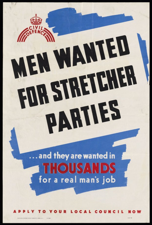 Plakat mit Text, der Männer für Tragtuchparteien und andere Rollen rekrutiert und die Notwendigkeit von Tausenden von Rekruten betont.