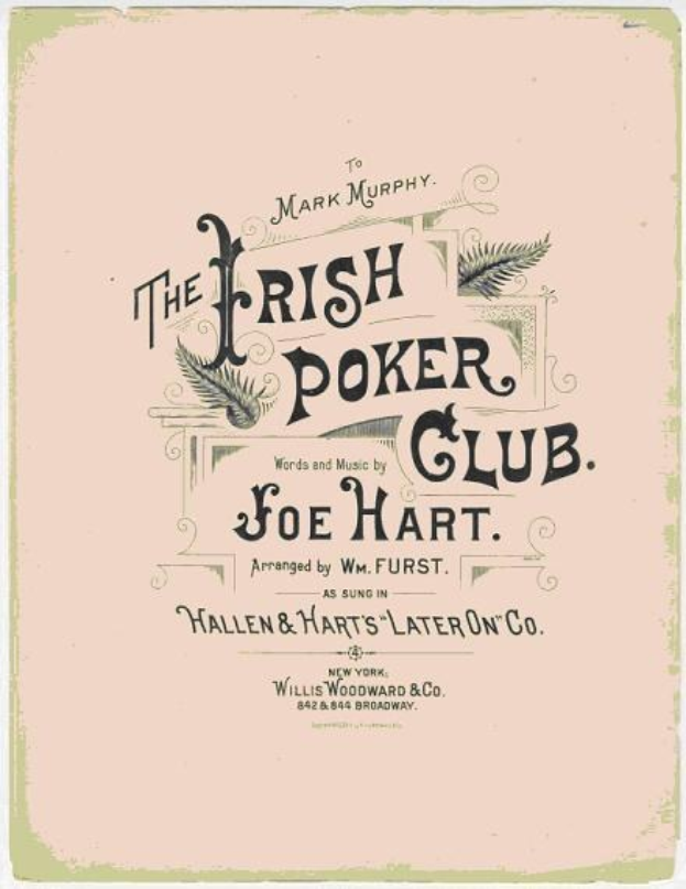 Ein Plakat mit der Aufschrift "The Irish Poker Club" mit schwarzem Rand, das eine farbenfrohe Kleeblatt-Illustration auf einem weißen Hintergrund zeigt.