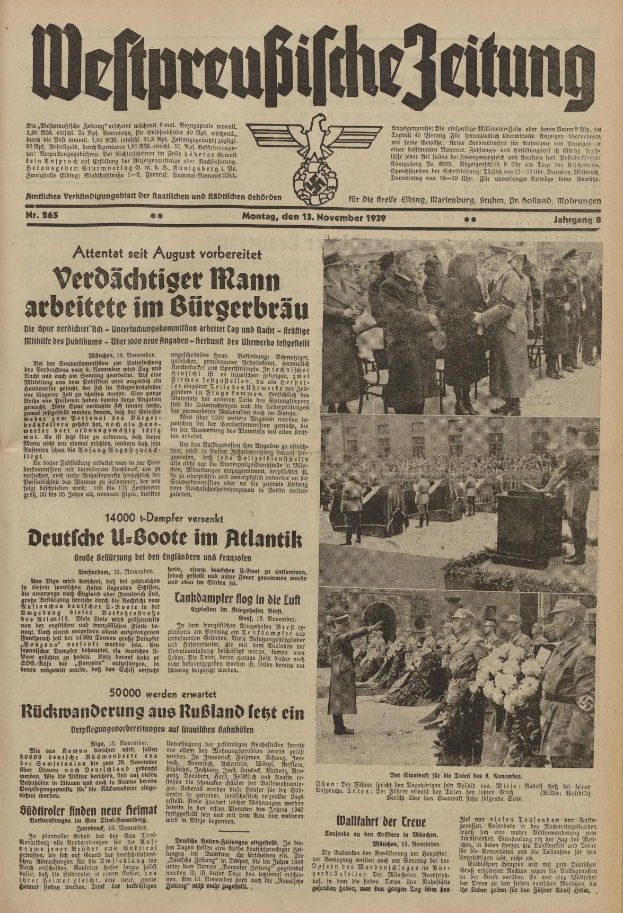 Schwarze und weiße Titelseite einer deutschen Zeitung vom 13. November 1939 mit der Überschrift "Weitpreubliche Zeitung", die eine Gruppe von Menschen in traditioneller deutscher Kleidung zeigt.