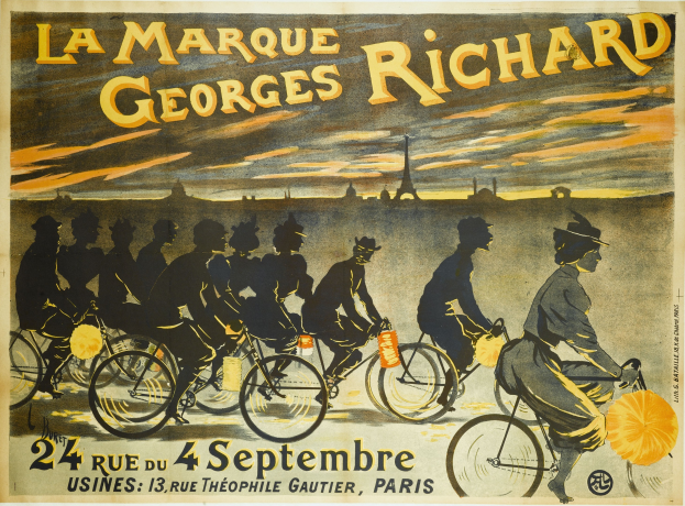 Plakat, das ein Fahrradrennen in Paris, Frankreich, ankündigt, mit einer Gruppe von Radfahrern und dem Eiffel-Turm im Hintergrund, einschließlich Text, der das Ereignis beschreibt.