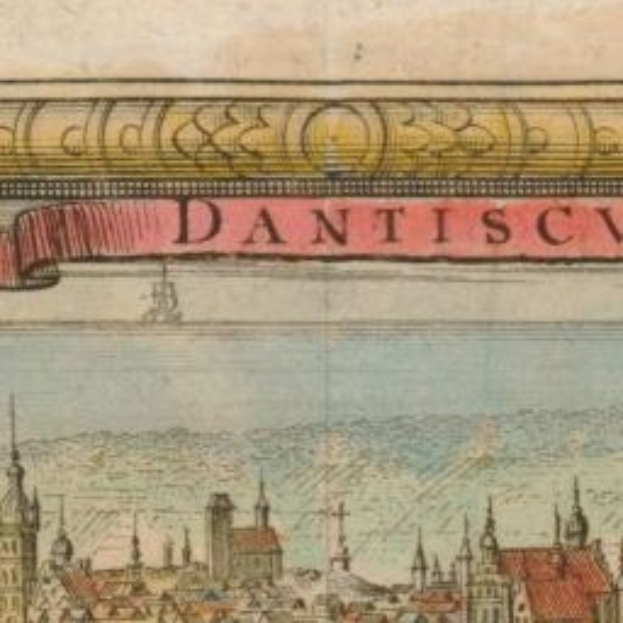 Ein altes Buch mit einer Zeichnung einer Stadtlandschaft mit Geb├Ąuden und einem Banner mit Text darauf, das wahrscheinlich die Stadt beschreibt.