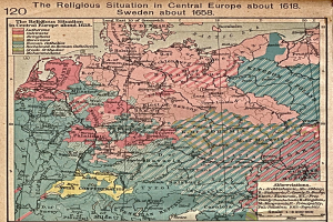 Plakat mit einer Karte von Mitteleuropa aus dem Jahr 1618 mit Text zur religiösen Landschaft der Region.