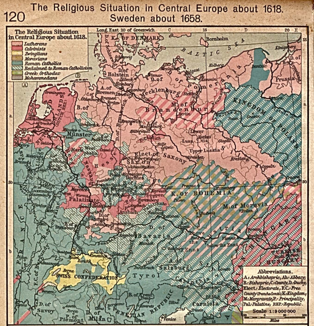 Plakat mit einer Karte von Mitteleuropa aus dem Jahr 1618 mit Text zur religiösen Landschaft der Region.
