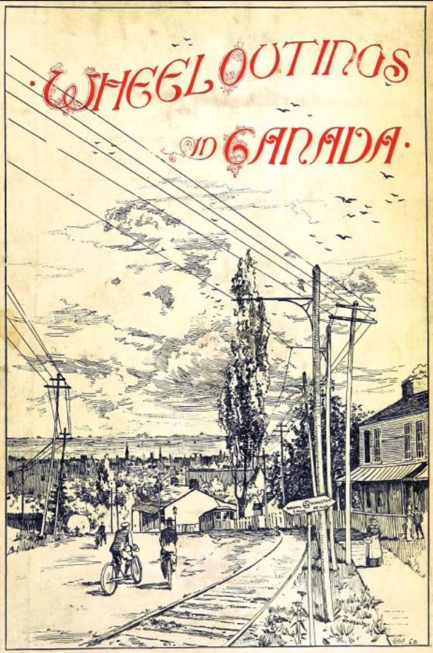Plakatillustration von Menschen, die auf Eisenbahnschienen Fahrrad fahren, mit H"usern, B"umen, Versorgungsmasten und V"ögeln im Hintergrund, mit Text, der wahrscheinlich Fahrradausfl"uge in Kanada bewirbt.