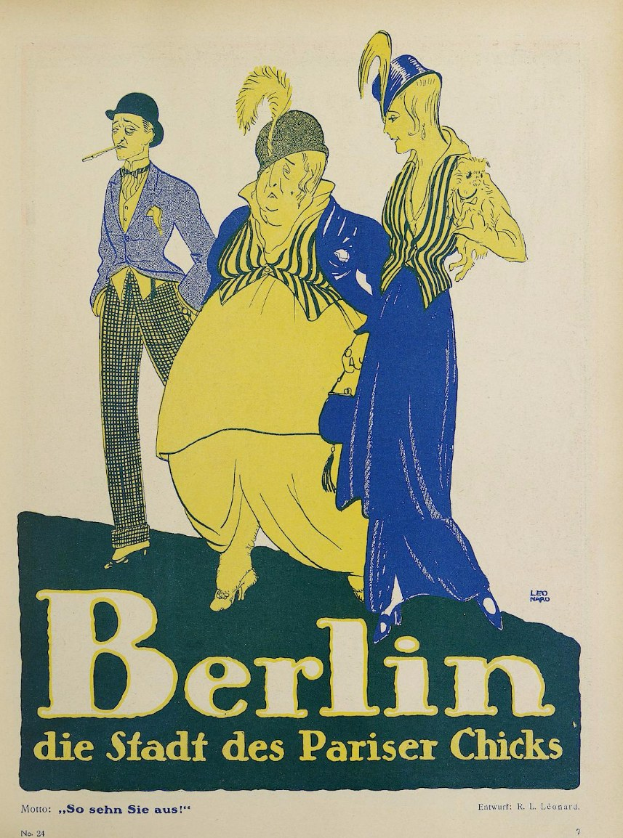 Ein Plakat, das ein Konzert in Berlin, Deutschland, ankündigt, zeigt eine Gruppe farbenfroher Menschen vor einem Gebäude mit der Aufschrift "Berlin - Die Stadt des Pariser Chicks" oben.