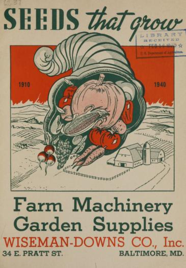 Ein Vintage-Plakat von Wiseman-Downs Co., Inc. mit verschiedenen Landmaschinen und Gartenzubehör, darunter Samen, mit beschreibendem Text.