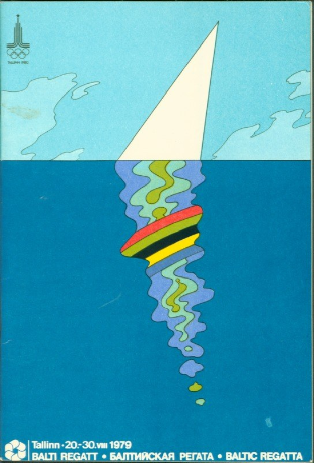 Plakat für die Baltic Regatta 1979 mit einem leuchtend blauen und gelben Boot mit weißer Segel auf hellblauem Wasser, weißer Schrift 'Baltic Regatta 1979' und einem Logo mit weißem Kreis, blauem Rand und gelbem Stern vor einem hellblauen Himmel mit weißen Wolken.