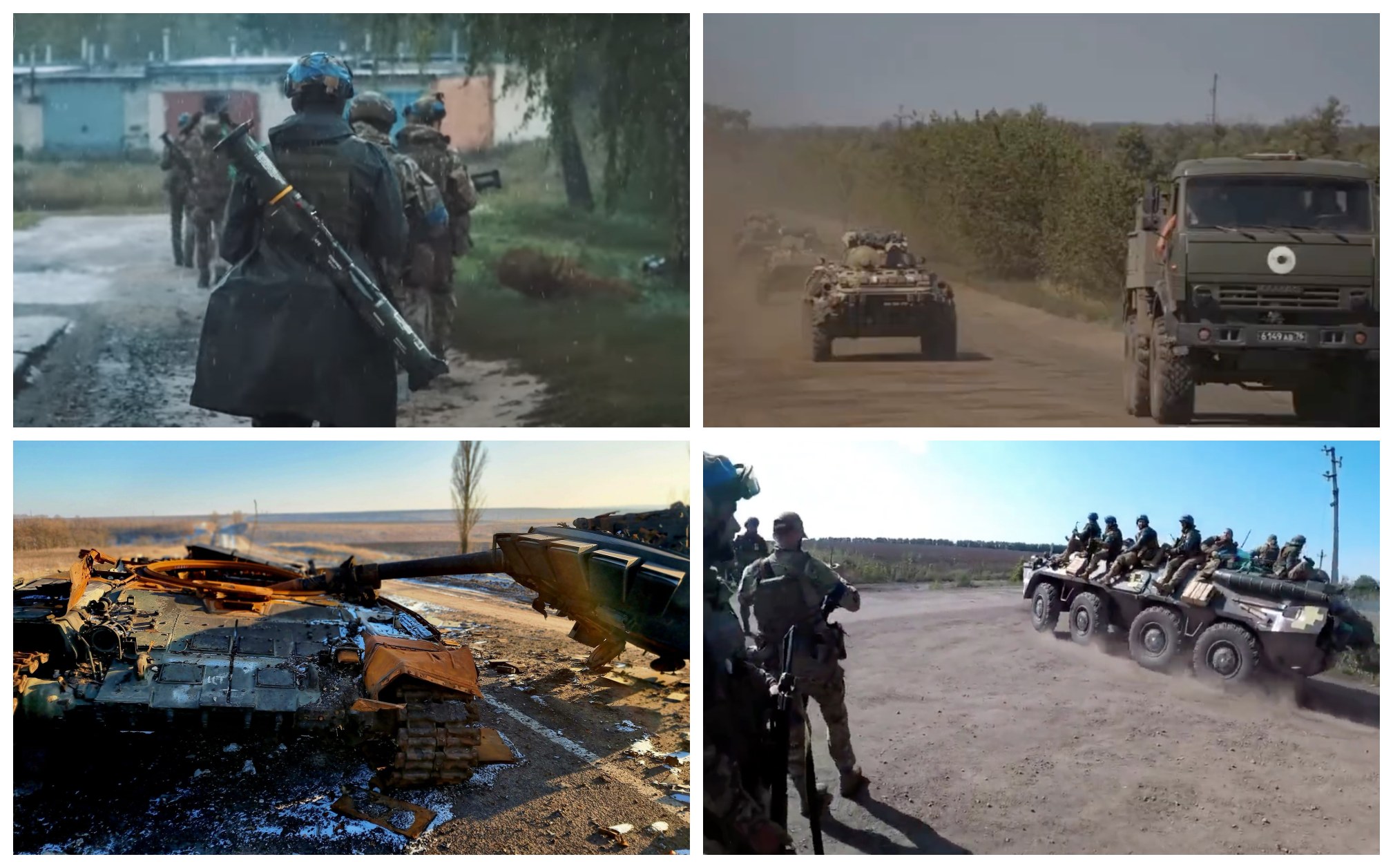 Vier Bilder, die ukrainische Soldaten in Aktion zeigen: eine Gruppe mit Waffen inmitten von Fahrzeugen und Umgebung, ein Panzer auf der Straße, Soldaten in Fahrzeugen und ein zerstörtes Fahrzeug.