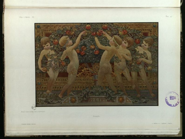 Ein Buchumschlag mit einem leuchtenden Gemälde von Kindern in bunten Kleidern, die mit Äpfeln spielen, vor einem schwarzen Hintergrund.