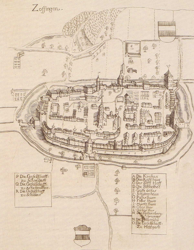 Alte detaillierte Karte von Zoffingen, Deutschland, zeigt Straßen, Gebäude, Bäume und historischen Text auf altem Papier.