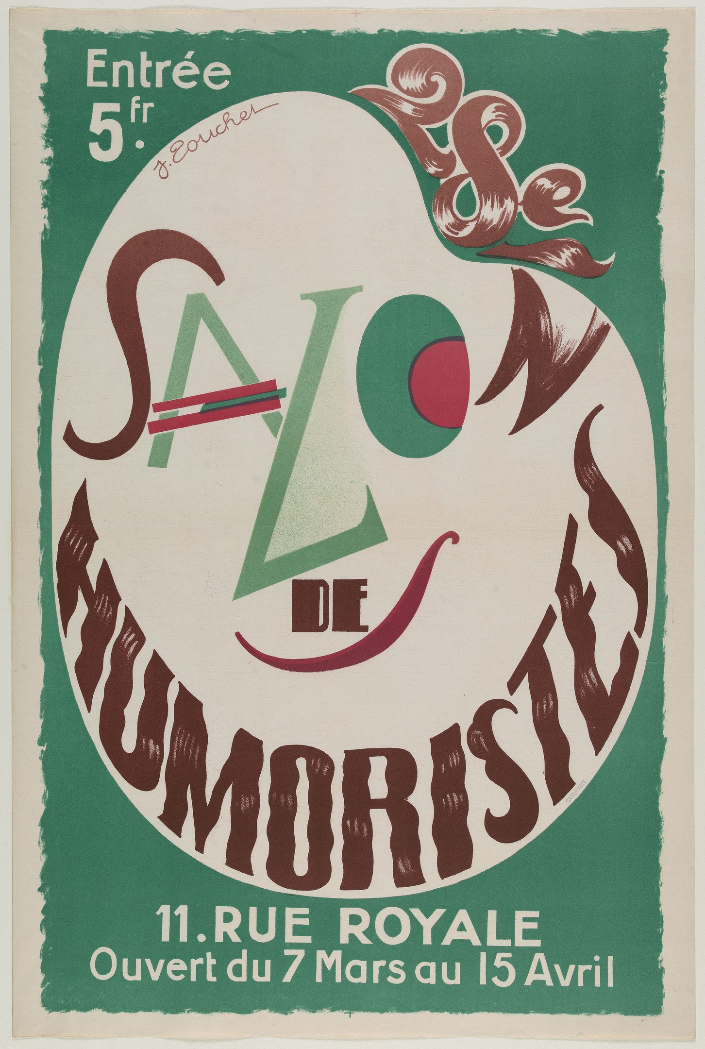 Plakat, das eine Humoristen-Salon-Veranstaltung in Paris, Frankreich, ankündigt und dessen Angebote beschreibt.