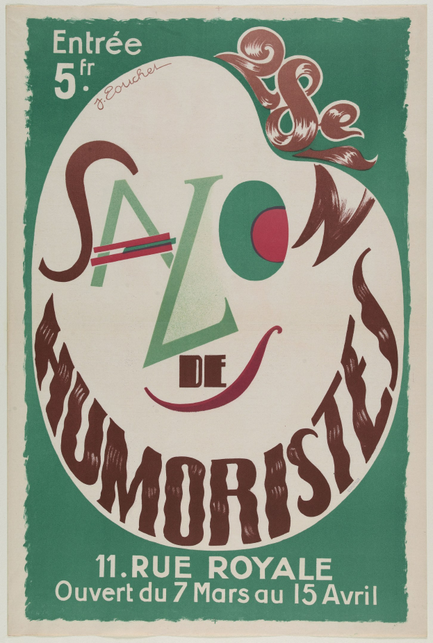 Plakat, das eine Humoristen-Salon-Veranstaltung in Paris, Frankreich, ankündigt und dessen Angebote beschreibt.