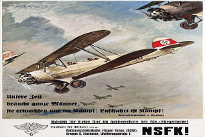 Ein deutscher Weltkriegs-Propagandaplakat mit einer Gruppe von Kampfflugzeugen in der Luft, mit Text über die Flugzeuge und ihre Fähigkeiten.