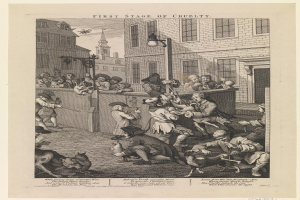 Eine Gruppe von Menschen und Tieren versammelt sich um ein Gebäude mit Fenstern und einer Straßenlaterne, mit einem Himmel im Hintergrund und dem Text "Erste Stufe der Grausamkeit" unten.