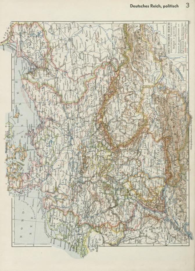 Eine Karte aus dem 19. Jahrhundert, die die politischen Grenzen Deutschlands zeigt, auf altem Papier mit Text oben und unten gedruckt.