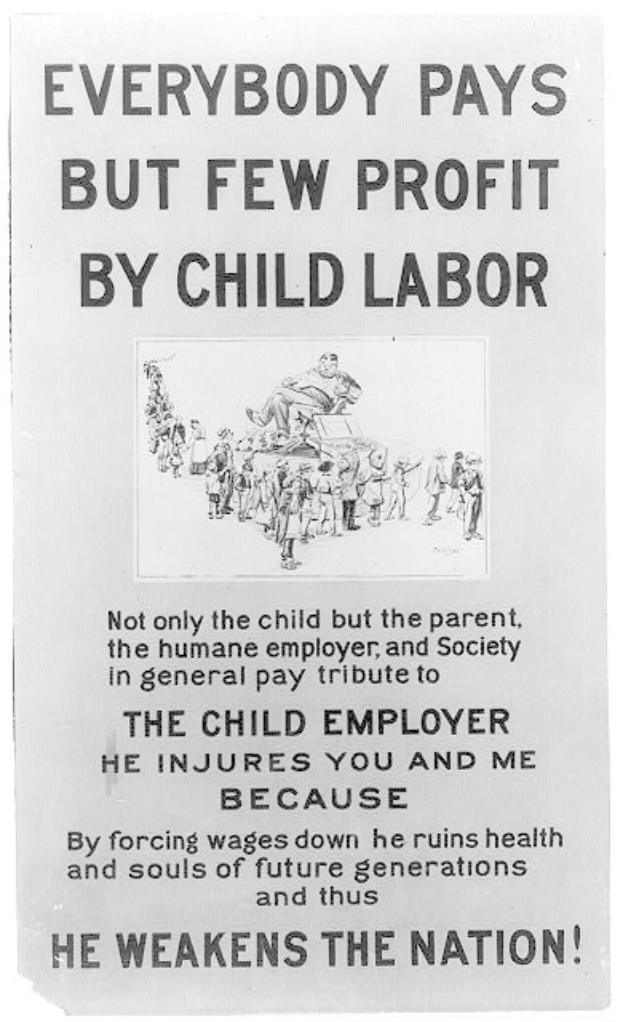 Schwarzes und weißes Plakat mit der Überschrift "Jeder zahlt, aber wenige profitieren von Kinderarbeit" zeigt eine Gruppe von Menschen, die gegen Kinderarbeit in den Vereinigten Staaten aufruft.