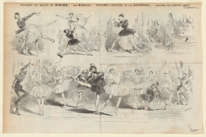 Ein Bild aus einem Buch mit einer lebendigen Gruppen-Tanz-Illustration und begleitendem Text zu den Ereignisdaten.