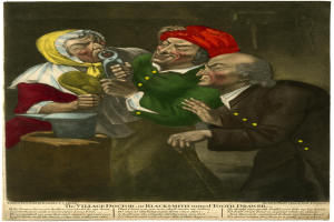 Ein Gemälde zeigt einen Dorfarzt, der in einem weißen Kittel mit einem Stethoskop um den Hals eine Zahnbürste und eine Zahnpastatube hält, während ein anderer Arzt besorgt zusieht; der Text unten lautet: "Der Dorfarzt des Schmiedes wurde zum Zahndreher."