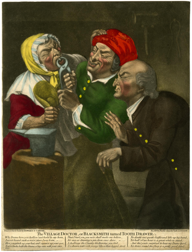 Ein Gemälde zeigt einen Dorfarzt, der in einem weißen Kittel mit einem Stethoskop um den Hals eine Zahnbürste und eine Zahnpastatube hält, während ein anderer Arzt besorgt zusieht; der Text unten lautet: "Der Dorfarzt des Schmiedes wurde zum Zahndreher."
