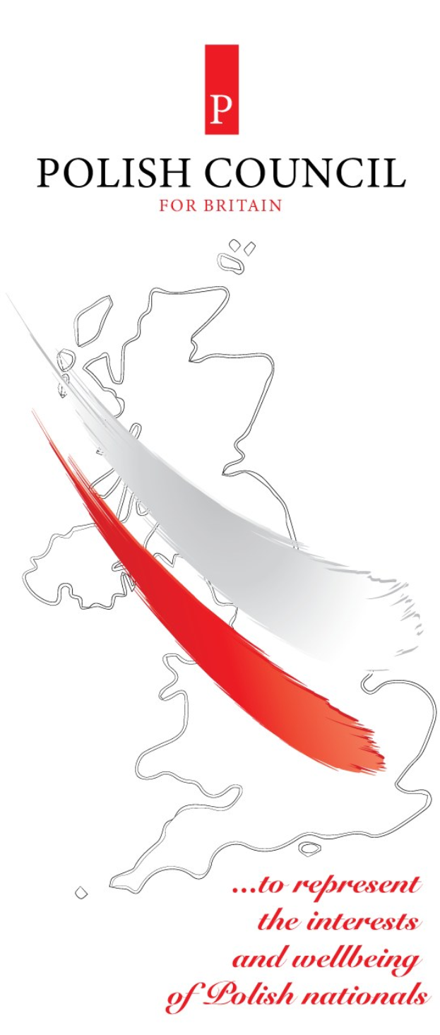 Plakat für den polnischen Rat in Großbritannien mit einem blauen Schild-Logo mit einem weißen Stern und weißer Umrandung und fetter schwarzer Schrift, die "Polnischer Rat" lautet.