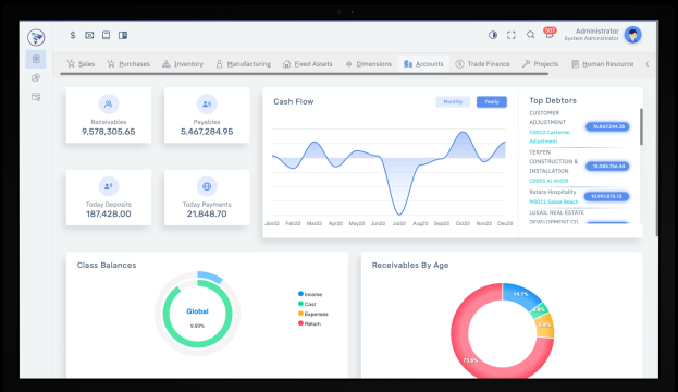 Ein Laptop-Bildschirm, der ein Finanzmanagement-Dashboard mit Diagrammen und Text auf einem weißen Hintergrund mit einem blauen Header anzeigt.