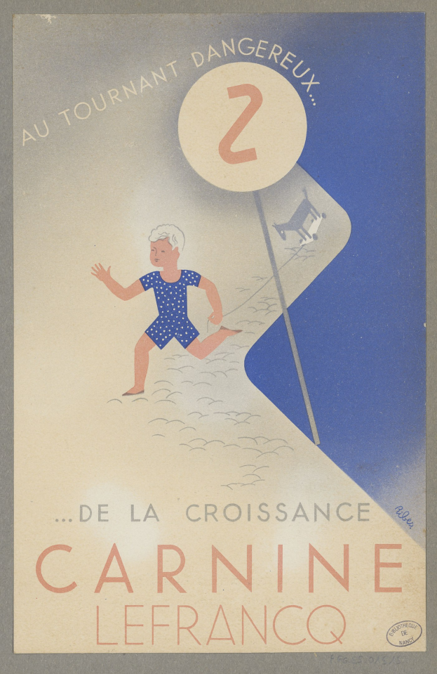 Ein Faschingsplakat in Frankreich mit einer Person in einem leuchtend gelben Kleid, die in der Mitte strahlend lächelt, umgeben von schwarzem Text, der "Fasching" lautet.
