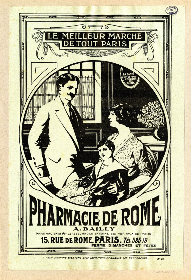 Schwarze und weiße Werbung für eine Apotheke in Rom mit einem Mann und einer Frau nebeneinanderstehend und Text, der die Apotheke und ihre Dienstleistungen beschreibt.