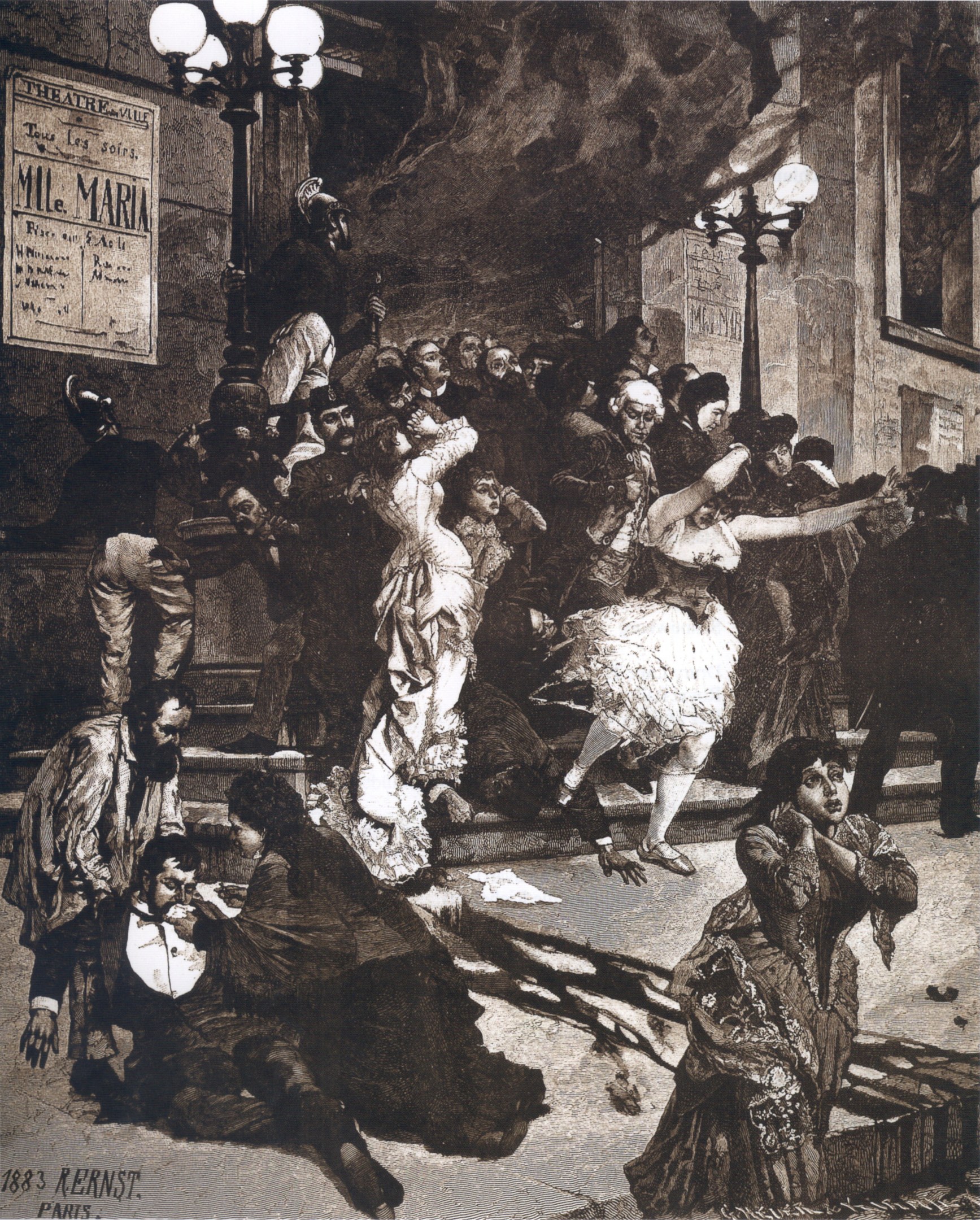 Schwarze und weiße Illustration von Menschen, die vor einem Gebäude tanzen, mit Laternen und einer Tafel an der Wand, unten mit 'Der Tanz der Oper' beschriftet.