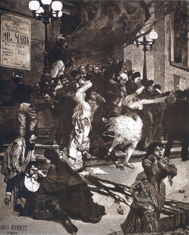 Schwarze und weiße Illustration von Menschen, die vor einem Gebäude tanzen, mit Laternen und einer Tafel an der Wand, unten mit 'Der Tanz der Oper' beschriftet.