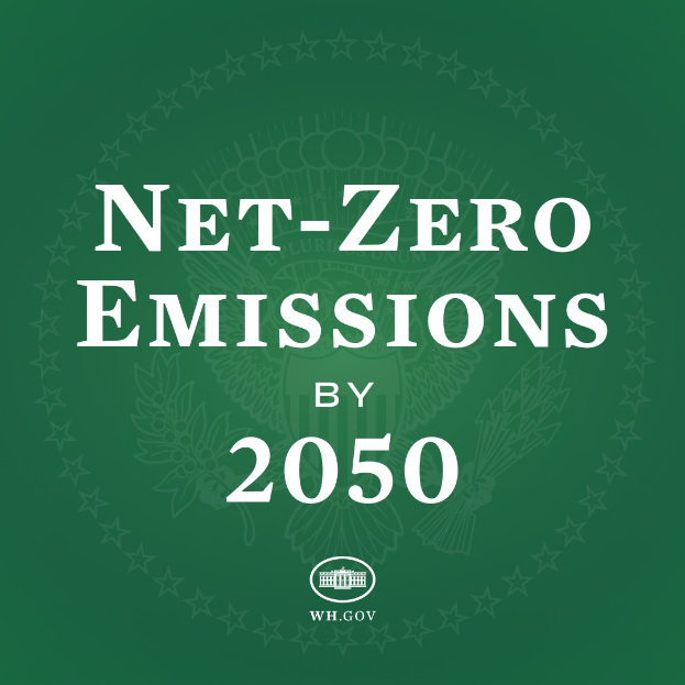 Weißer fetter Text "net-zero emissions by 2050" auf einem grünen Hintergrund.