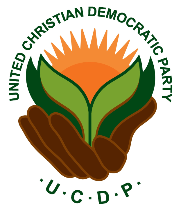 Logo der Vereinigte Christdemokratische Partei (UCDP): eine Hand hält eine leuchtend gelbe Blume mit einem grünen Stiel und Blättern, mittig in einem blauen und gelben Kreis auf einem weißen Hintergrund, mit der schwarzen Schrift 'UCDP' darunter.