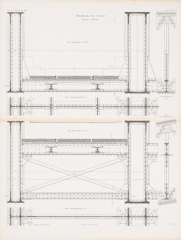 Ausführliches Konstruktionsplan-Detail-Zeichnung einer Brücke mit beschrifteten Bauelementen wie Balken und Seilen, aus einer Buchseite.