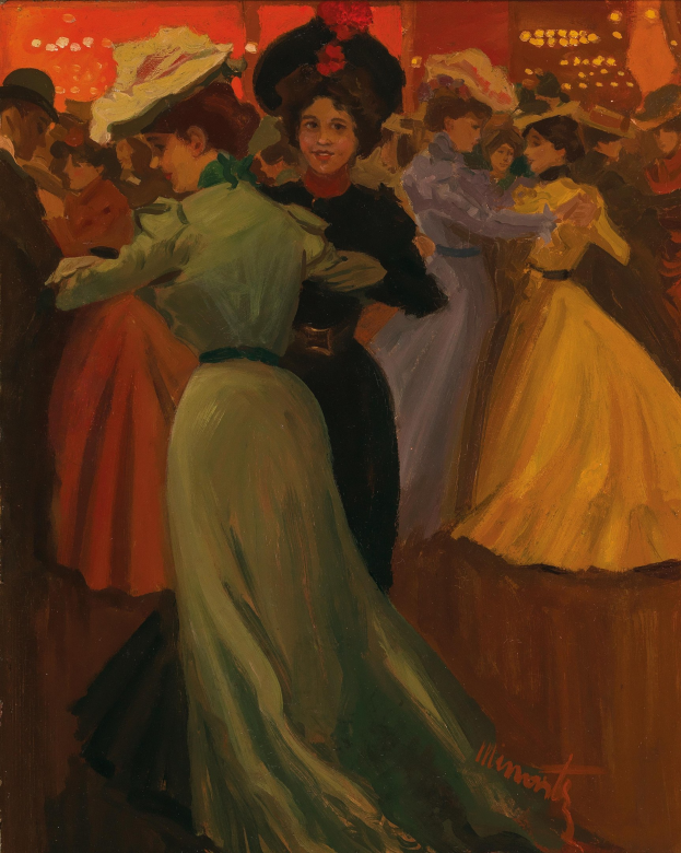 Gemälde 'Tanz im Moulin Rouge' von Pierre Auguste Renoir zeigt eine lebhafte Ballroom-Szene mit Menschen in bunten Kostümen unter warmem, leuchtendem Licht.