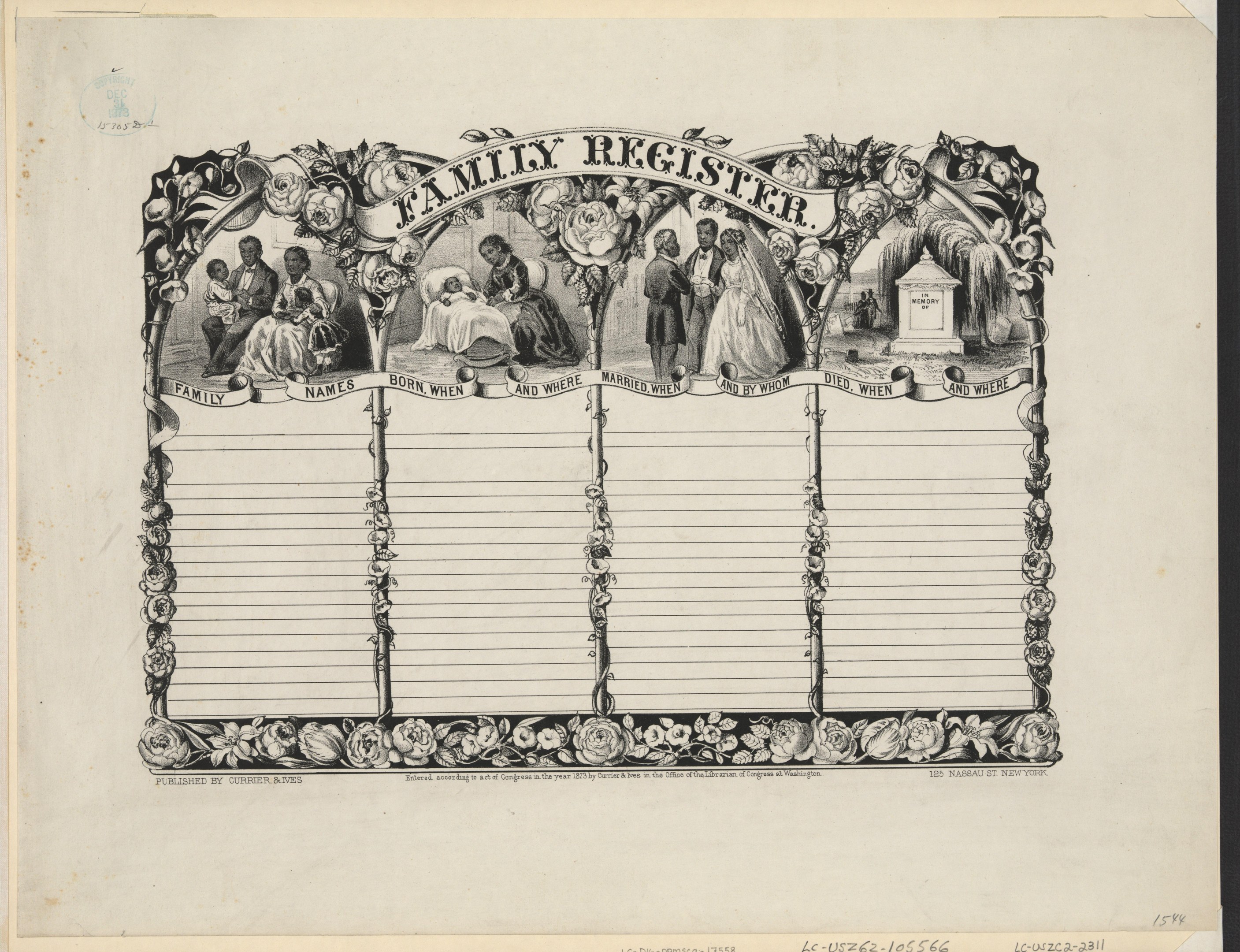 Schwarz-weißer Familienstammbaum mit Gruppenfoto in der Mitte und handgeschriebenem Text, der die Familienmitglieder beschreibt.